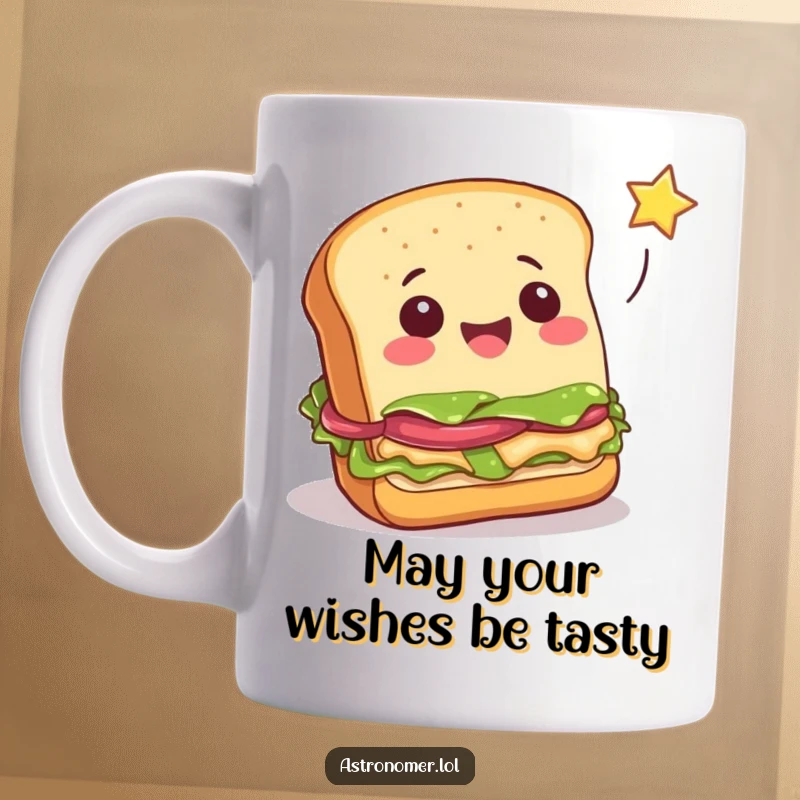 Funny cheerful sandwich attempting to catch a falling star, whimsical food art, cute breakfast mug gift.