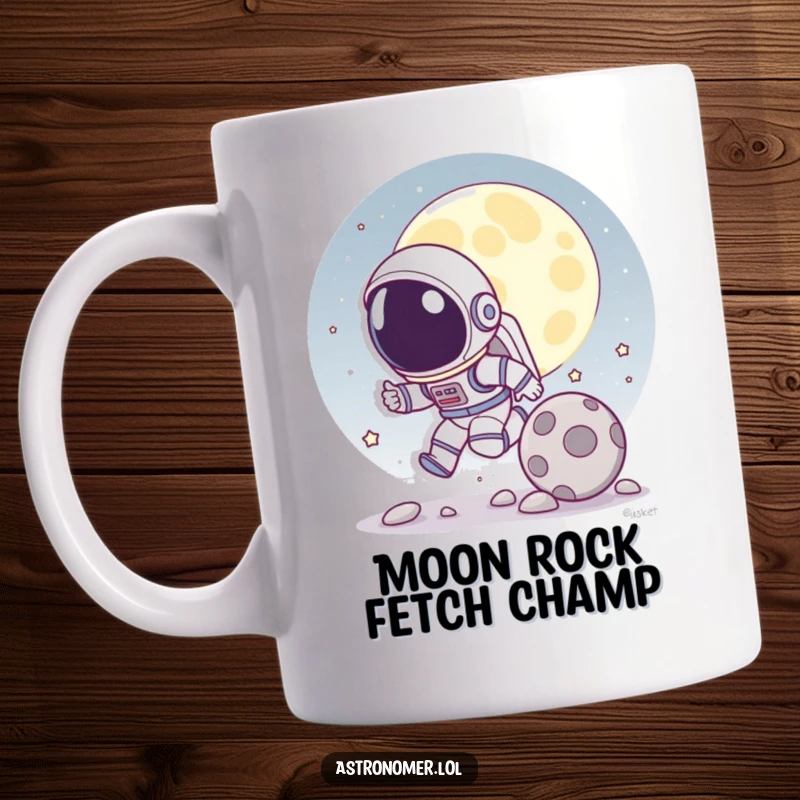 Funny mug showing a cartoon astronaut playfully chasing a rolling moon rock across a lunar surface, capturing a whimsical pursuit.