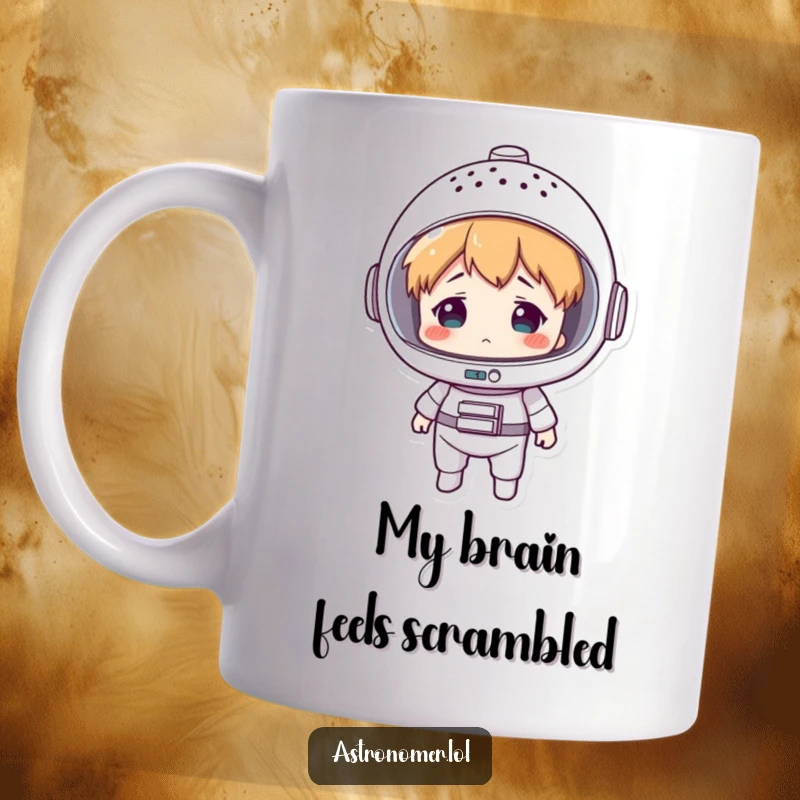 Funny mug featuring a character wearing a colander as a space helmet, looking utterly confused about their space mission.