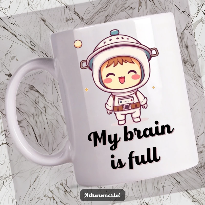 Funny Kawaii astronomer mug showing a giggling character wearing a colander as a makeshift helmet, ready for humorous space adventures.