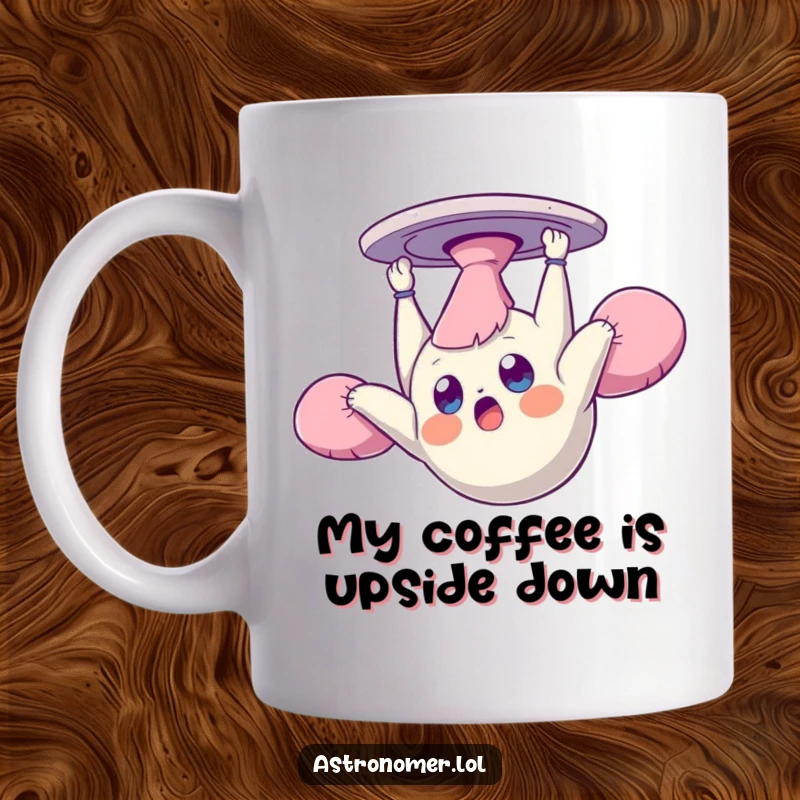 Funny mug showing a surprised creature floating upside down and dazed in zero gravity, capturing a moment of cosmic confusion.
