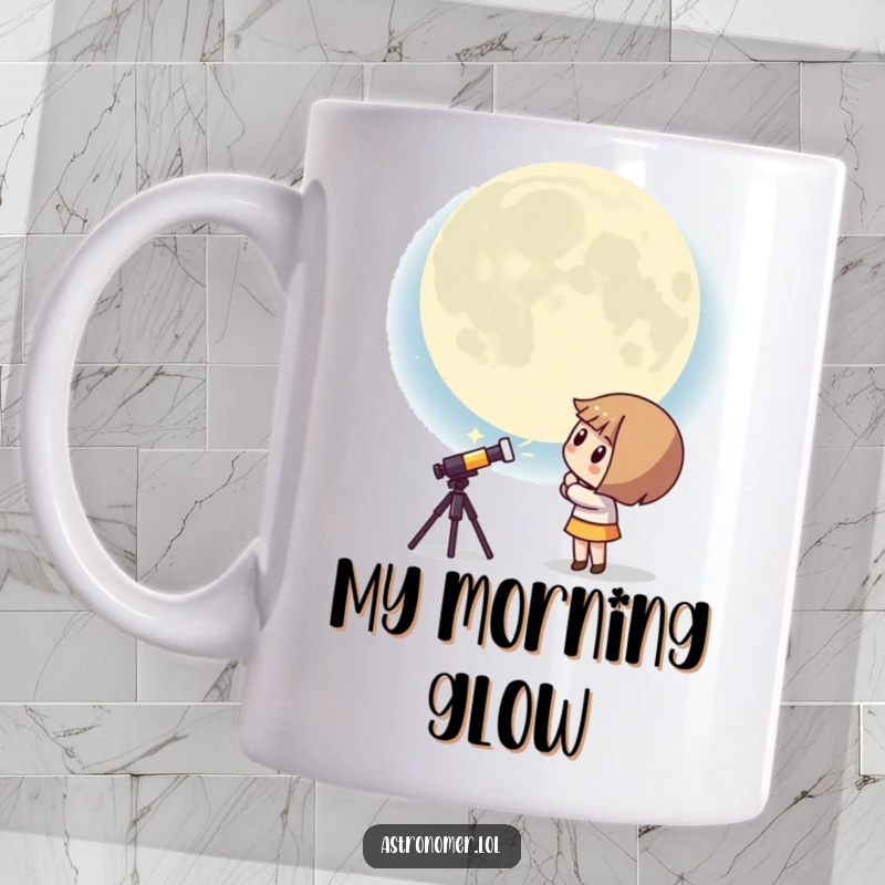 Funny Kawaii astronomer mug showing a curious character peering up at a giant, surprised moon, perfect for a humorous cosmic moment.