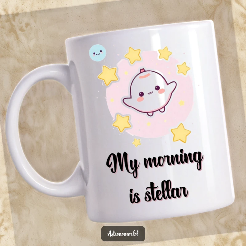 Funny Mug: Cute character blissfully floats in space, surrounded by cheerful, smiling cartoon stars.