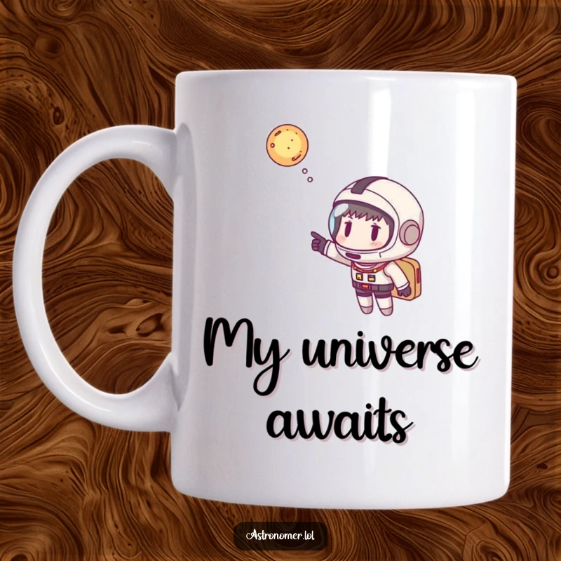 Funny astronaut mug with helmet playfully pointing, a humorous gift for space enthusiasts exploring distant galaxies and celestial wonders.