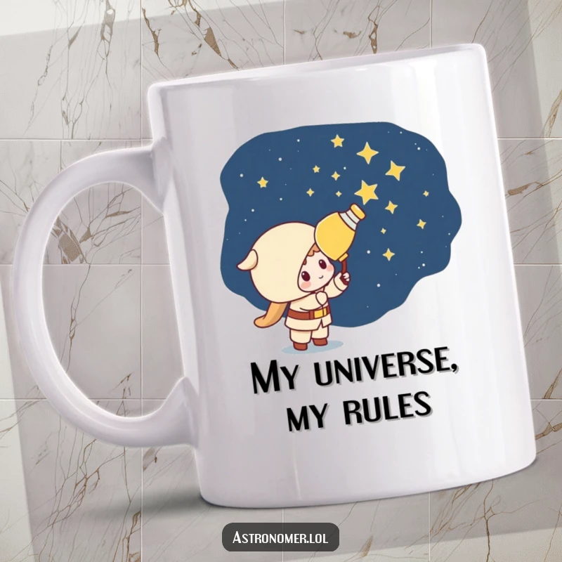 Funny Kawaii astronomer character comically painting stars onto a dark night sky, showing mischievous creativity on this mug.