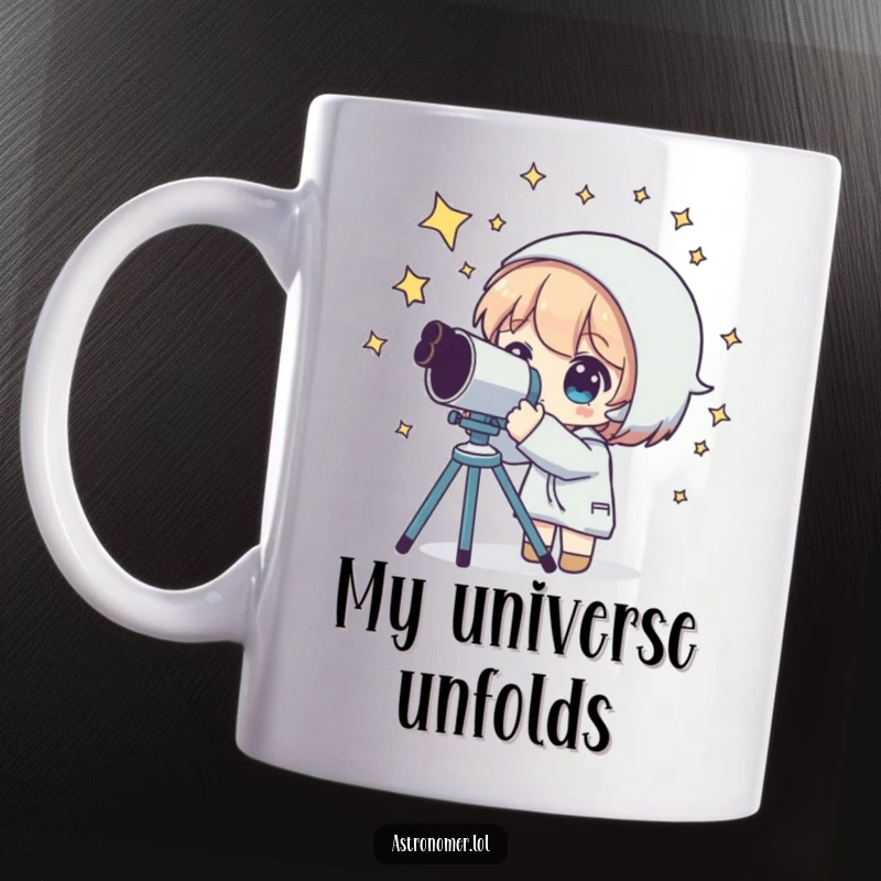 Funny mug showing a character gazing through a telescope, stars swirling around their head in wonder.
