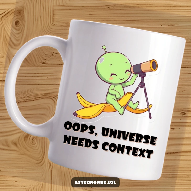 Funny alien slipping on a banana peel while gazing through a telescope, cosmic humor, space gag gift mug.