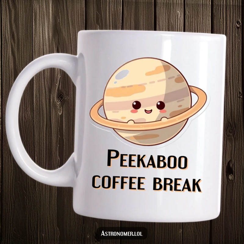 Funny Mug: A curious character with a wide smile peeks playfully from behind a large, majestic ringed planet in outer space.