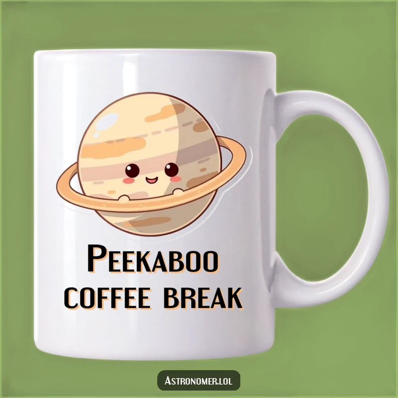 Funny Curious Planet Mug, Peeking Character Behind Ringed Planet, Perfect Funny Gift!