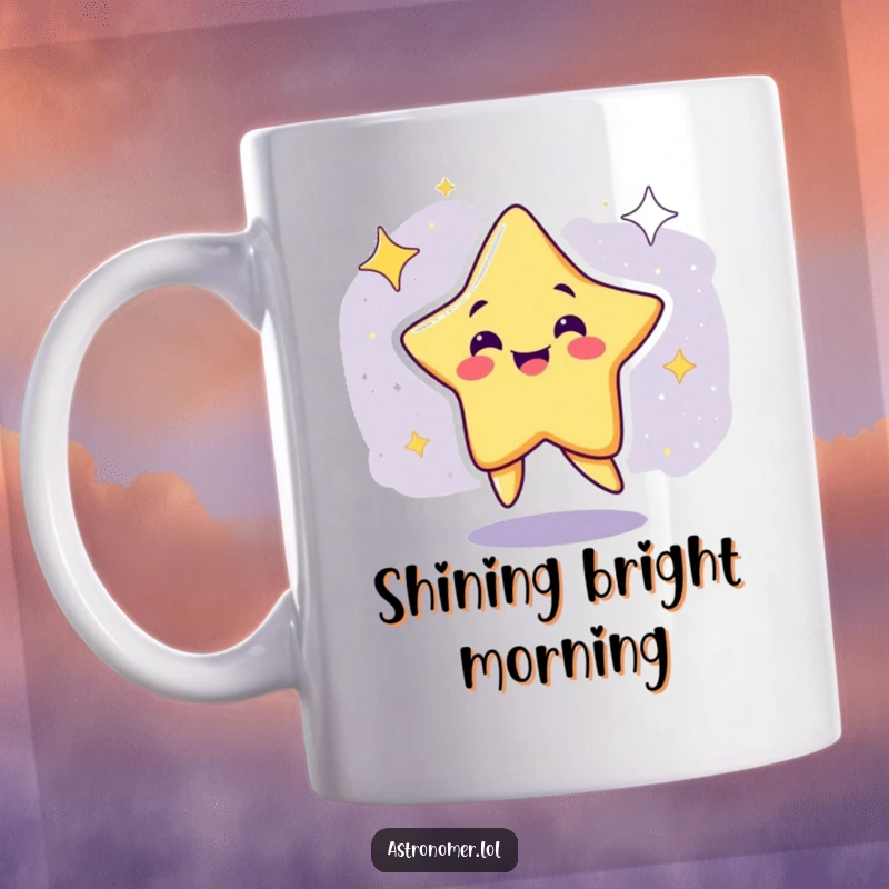 Funny Mug: A smiling star character performing a joyous, silly dance amidst the cosmic galaxy.