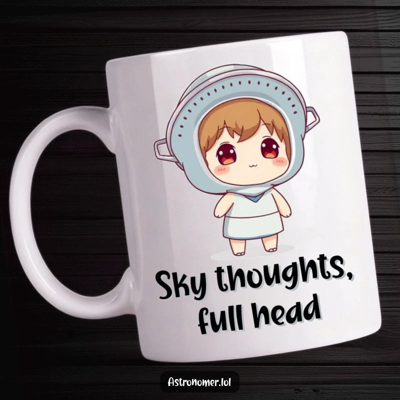 Funny mug depicting a character wearing a colander as a helmet, looking up at the sky with wonder.