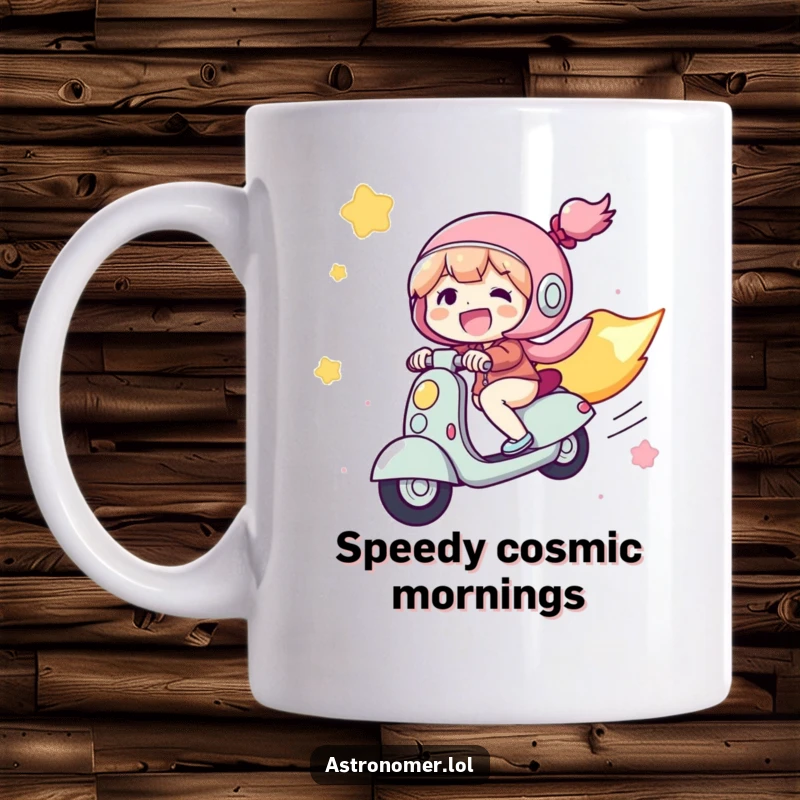 Funny Mug: A joyful character gleefully rides a comet like a scooter, leaving a trail of stardust as they zoom through space.