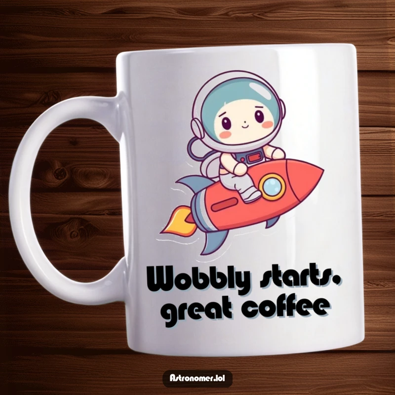 Funny smiling astronaut nervously riding a crooked rocket, conveying a humorous take on ambitious space travel.