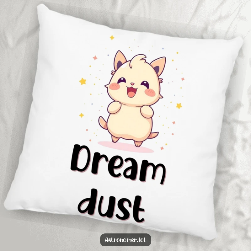 Funny pillow featuring a gleeful creature throwing stardust like confetti, perfect for adding a humorous, celebratory touch.