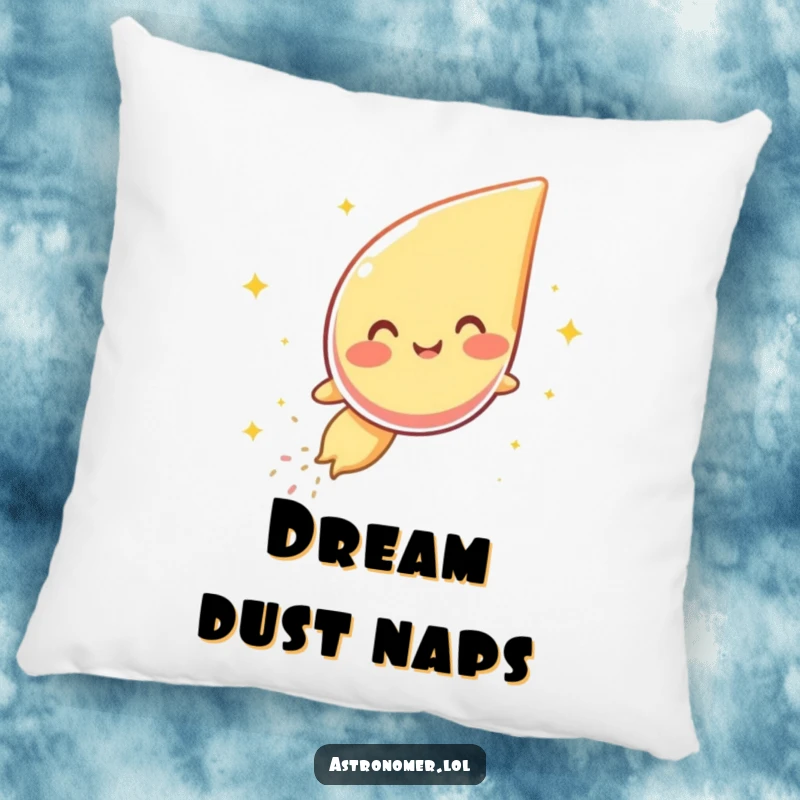 Funny pillow featuring a joyfully laughing comet character with a shimmering dust trail, offering comfort and cosmic amusement.