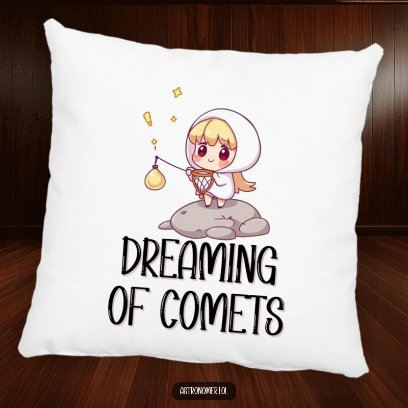 Funny pillow with a character catching a falling comet with a tiny net, providing soft comfort and a humorous heroic theme.