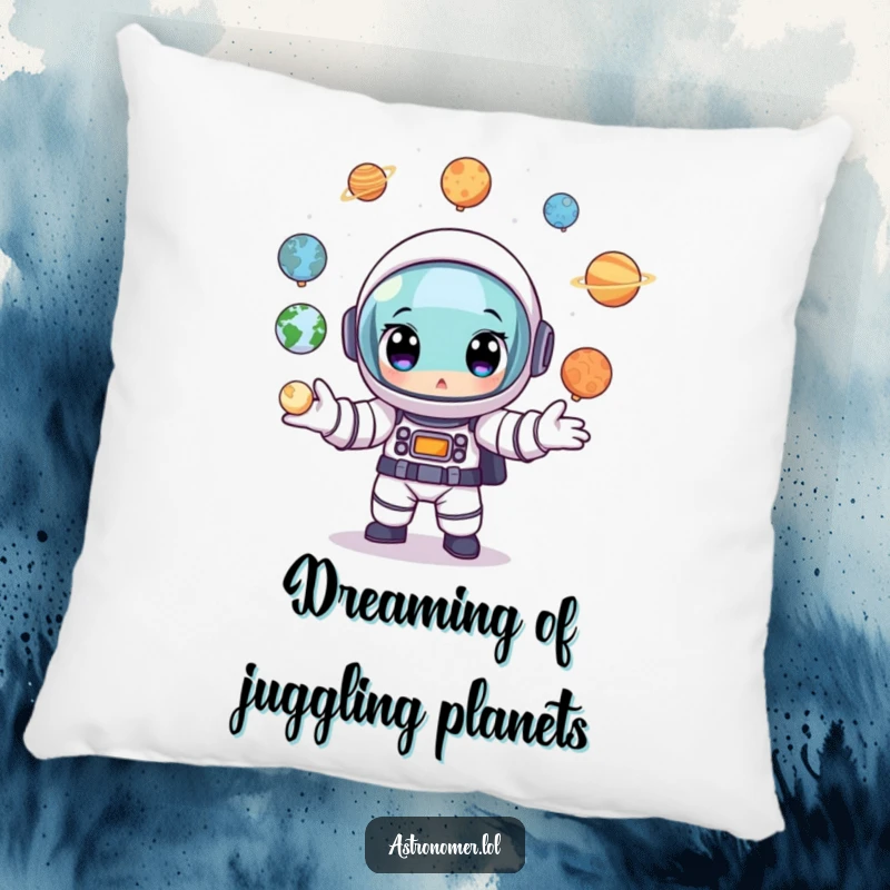 Funny Astronaut Pillow: A soft cushion depicting a cartoon astronaut wide-eyed, juggling tiny planet models, bringing cosmic cheer.