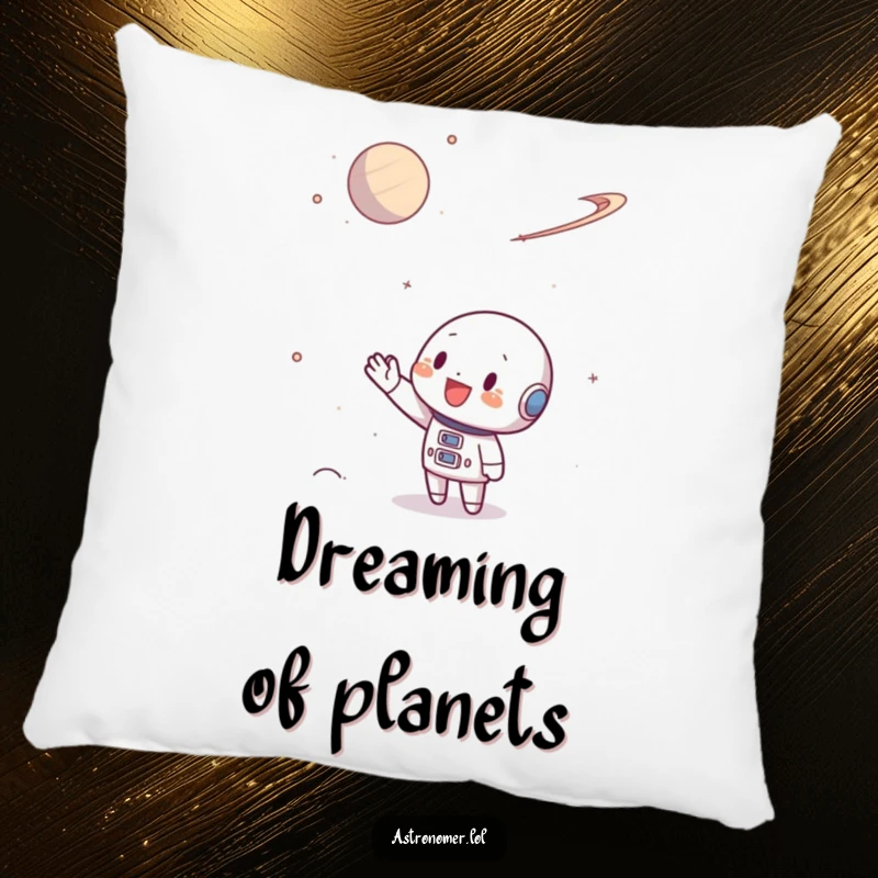 Funny Pillow showing a character waving hello to a distant planet, bringing cosmic joy to any room.