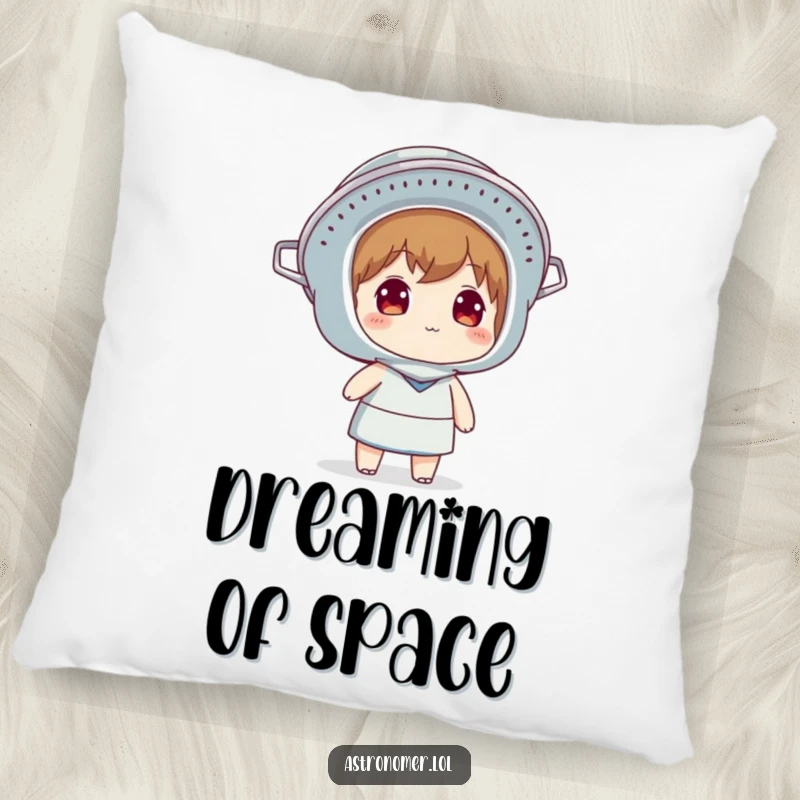 Funny pillow with a character wearing a colander as a helmet and looking at the sky, providing soft comfort and a humorous contemplative theme.