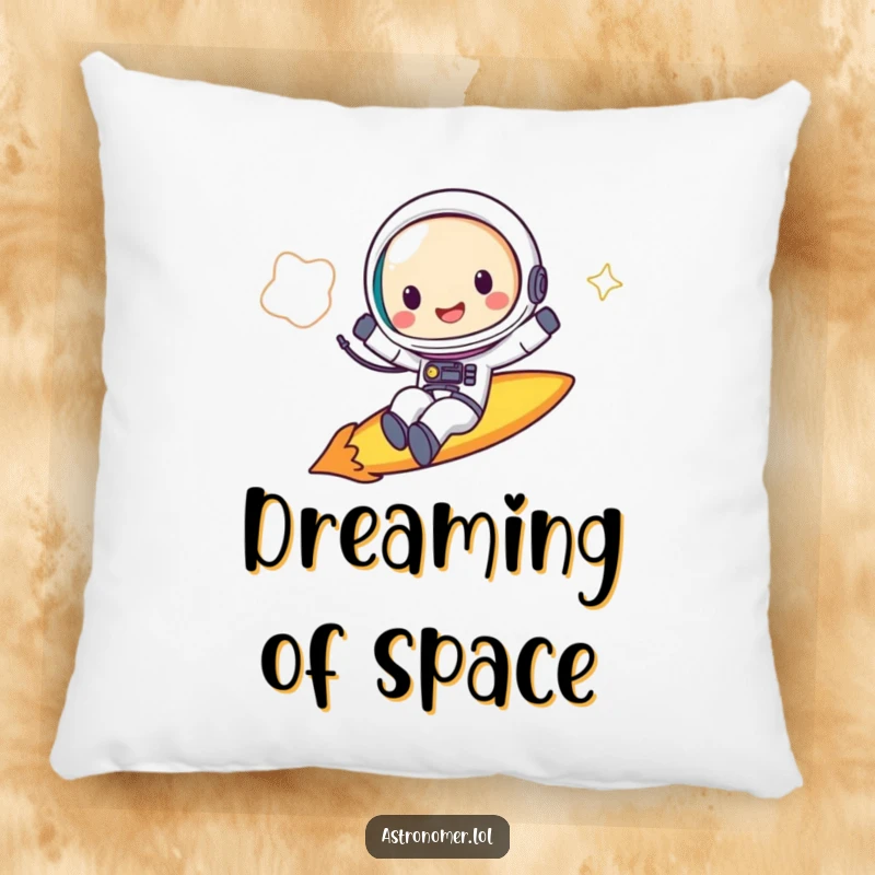 Funny Pillow: A joyful astronaut with a wide grin rides a comet, providing comfort and cosmic cheer.