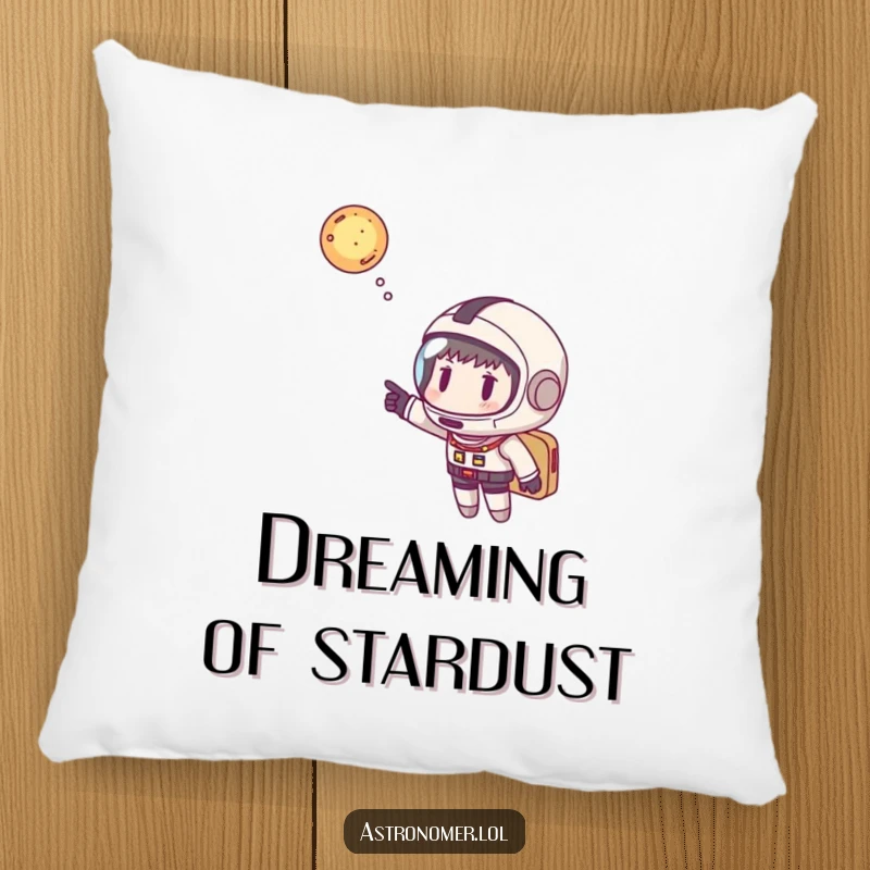 Funny astronaut pillow with a helmet playfully pointing at a galaxy, offering humorous comfort for space-themed rooms and fans.
