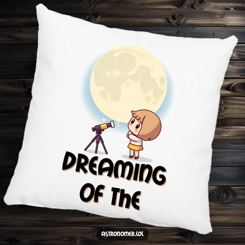 Funny Kawaii astronomer pillow featuring a curious character peering at a giant, surprised moon, perfect for humorous relaxation.
