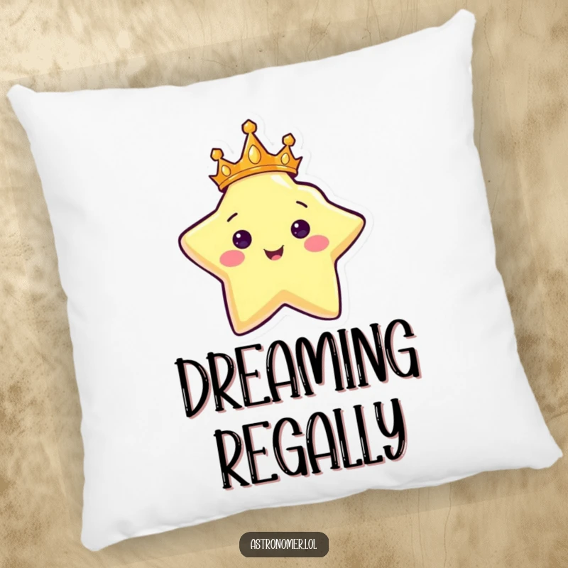 Funny pillow featuring a happy, crowned star character shining brightly, offering comfort and celestial royalty.