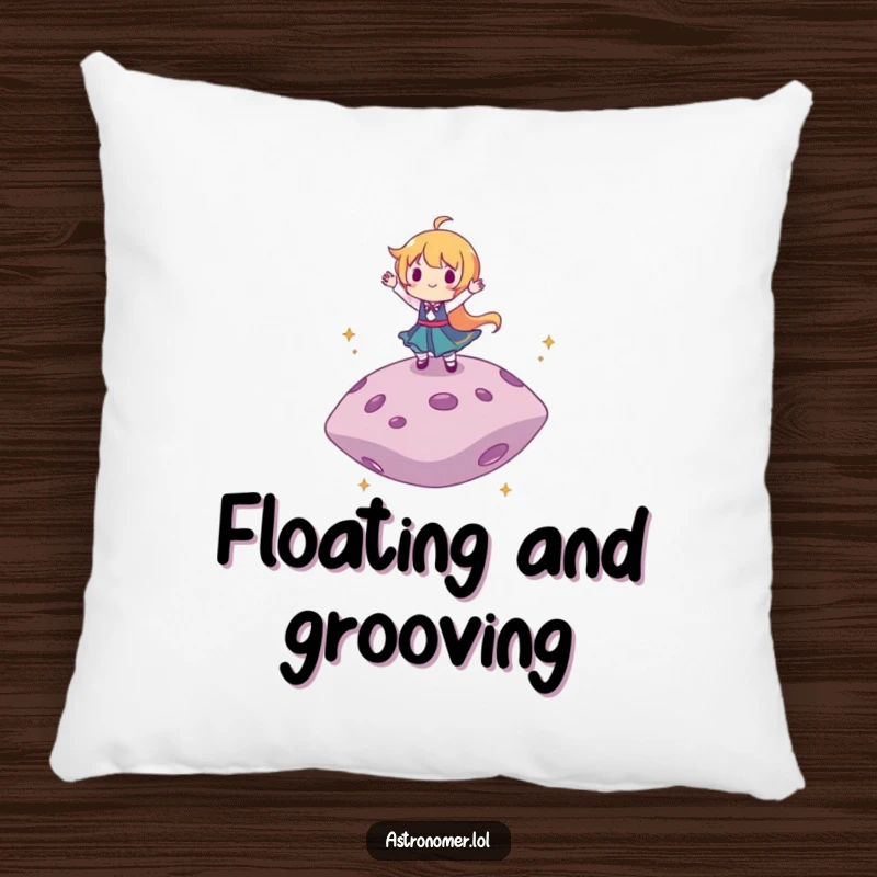 Funny pillow featuring a character dancing on a floating asteroid, offering comfort and a cheerful cosmic vibe.