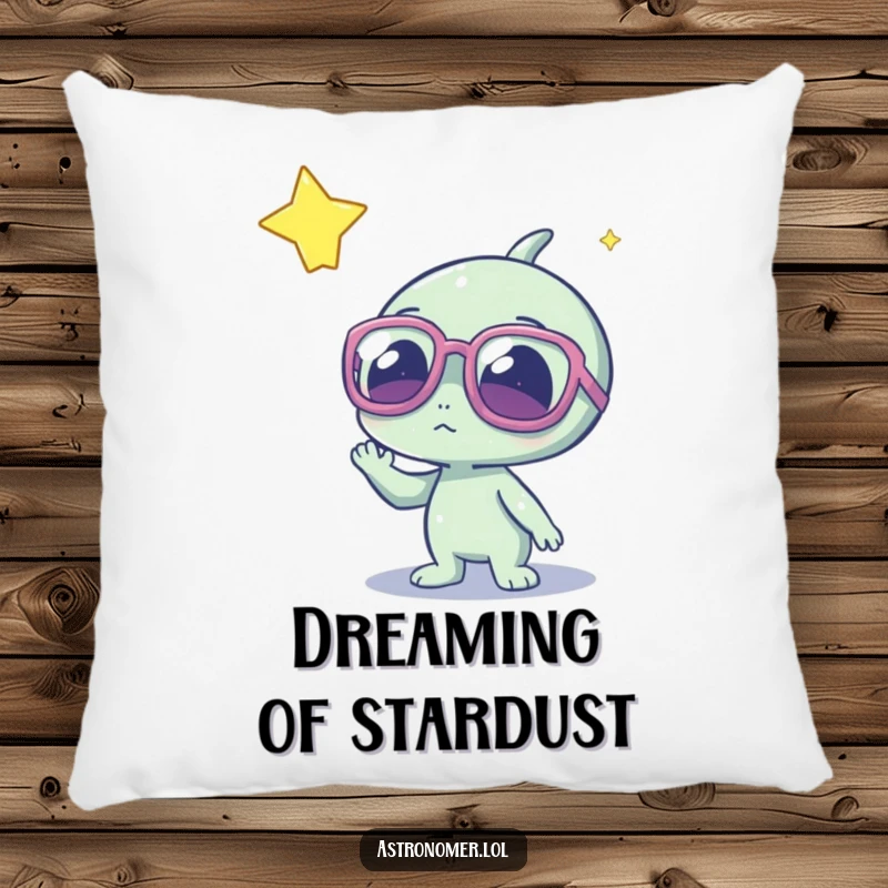 Funny alien with big glasses, looking at a glowing star, soft and decorative pillow for a touch of cosmic humor.