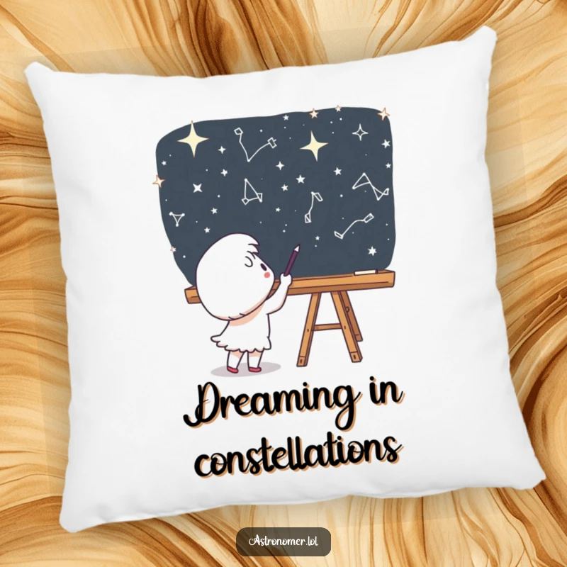 Funny Pillow: A cute character rests, perhaps after excitedly drawing constellations on a space chalkboard.
