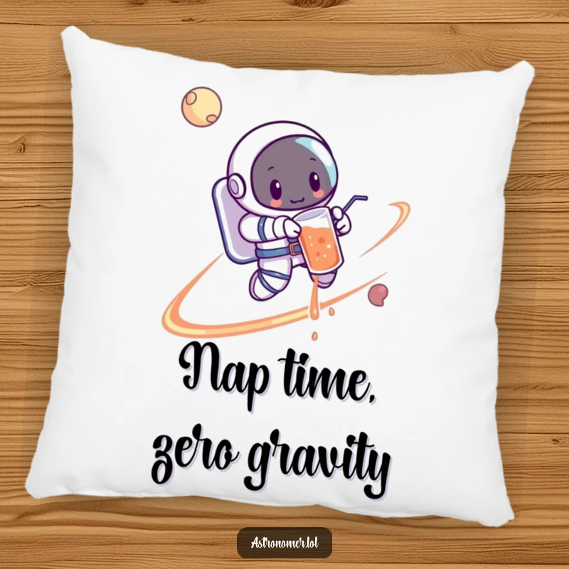 Funny Astronaut Pillow: A soft cushion depicting a cartoon astronaut spilling a drink while orbiting a planet, a funny space mishap.