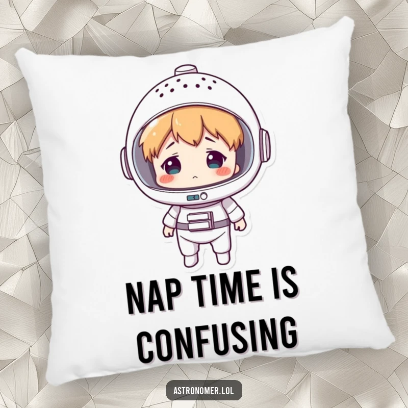 Funny pillow featuring a character in a colander space helmet, looking comically perplexed, providing comfort and laughter.