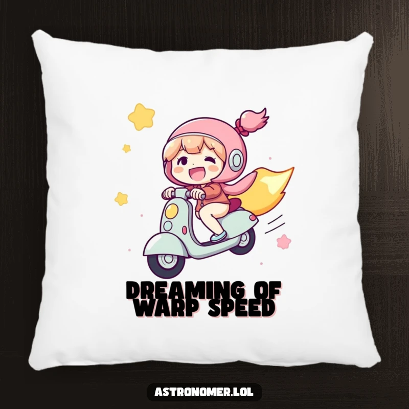 Funny Pillow: A joyful character rides a comet as if it were a scooter, zooming through space with a happy expression.
