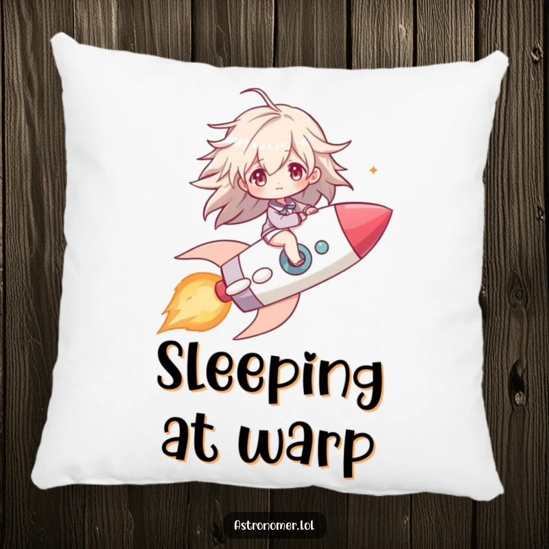 Funny pillow featuring a character riding a comet like a rocket, hair flowing in the wind, offering comfort and cosmic dreams.