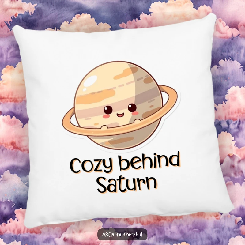 Funny Pillow: A curious character smiles while peeking from behind the large rings of a planet, suggesting playful exploration.