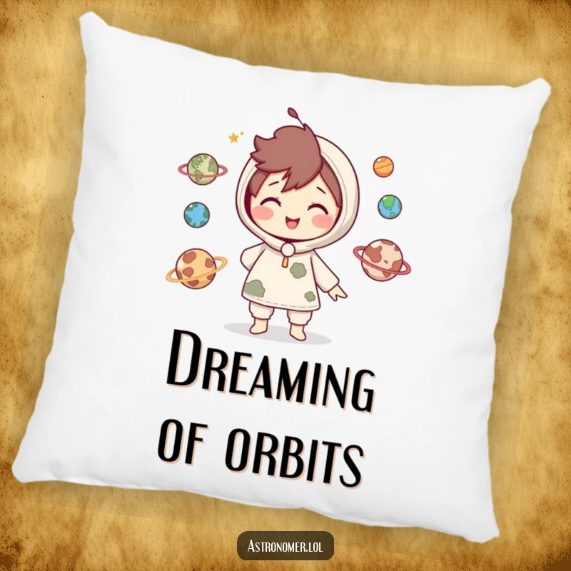 Funny Pillow: Cute character smiles playfully while juggling miniature planets, bringing cosmic skill and lighthearted fun to any room.