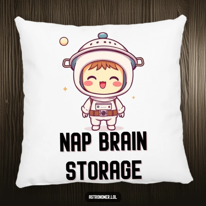 Funny Kawaii astronomer pillow featuring a giggling character wearing a colander as a helmet, perfect for humorous relaxation.