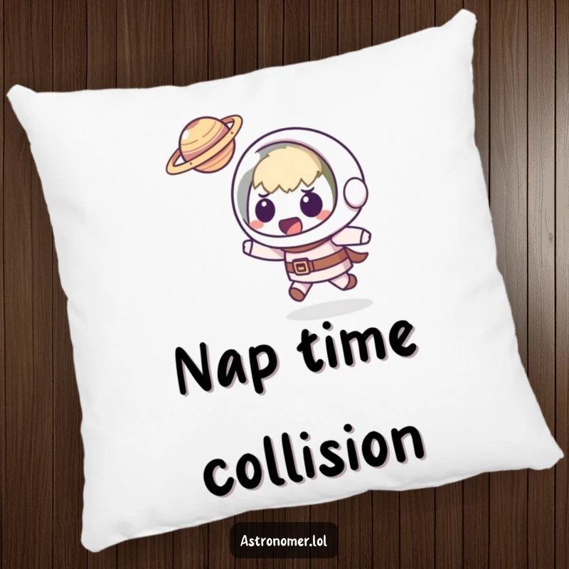 Funny Kawaii astronomer pillow featuring a startled character comically dodging a tiny, flying planet, perfect for humorous relaxation.
