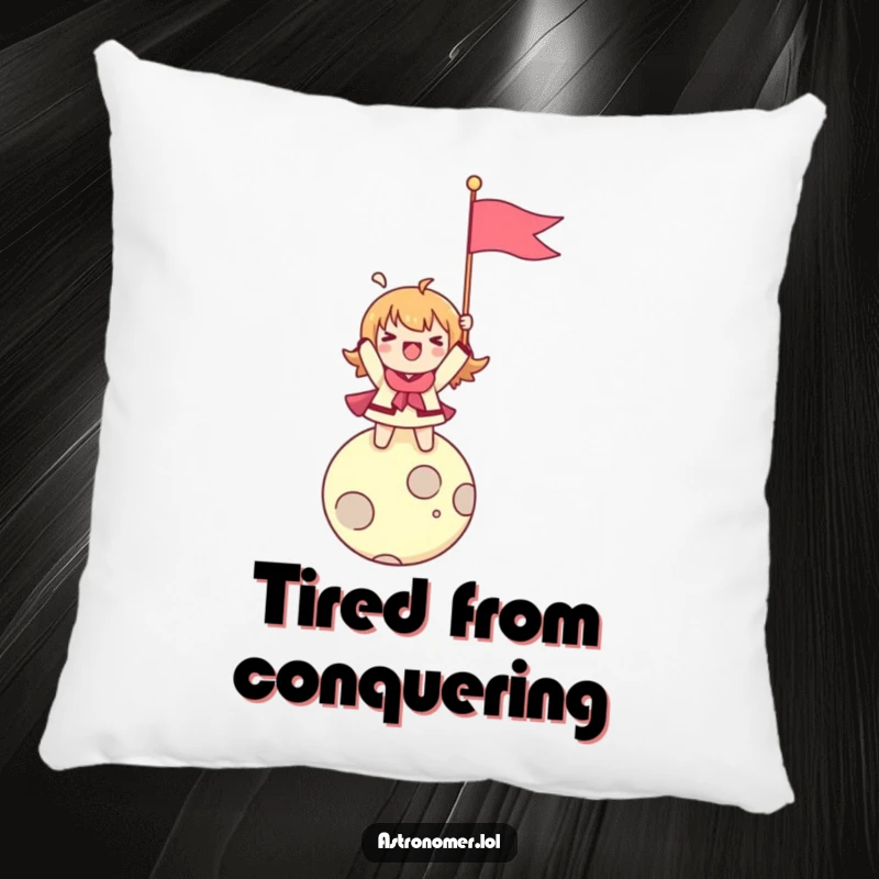 Funny pillow with a character enthusiastically planting a flag on a tiny moon, designed for cozy contemplation of victory.
