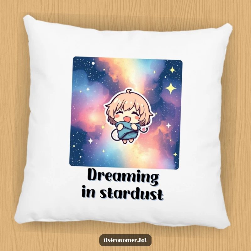 Funny pillow with a character comically tangled in a starry nebula, giggling contentedly, designed for ultimate cosmic comfort.