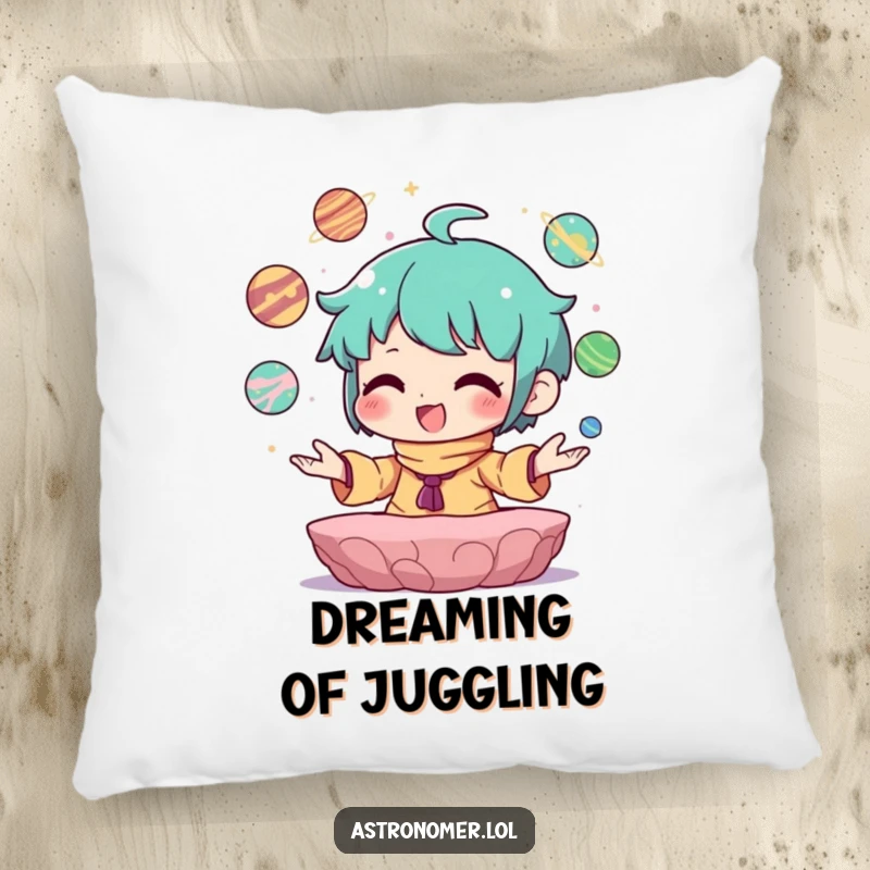 Funny Pillow depicting a character with a blissful expression juggling miniature planets with ease.
