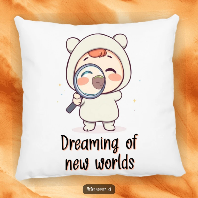 Funny pillow with a delighted character using a magnifying glass to study a tiny planet, bringing humor and charm to any living space.