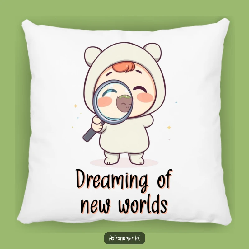 Funny Science Pillow: Delighted Character Observes Tiny Planet, Cozy Funny Gift