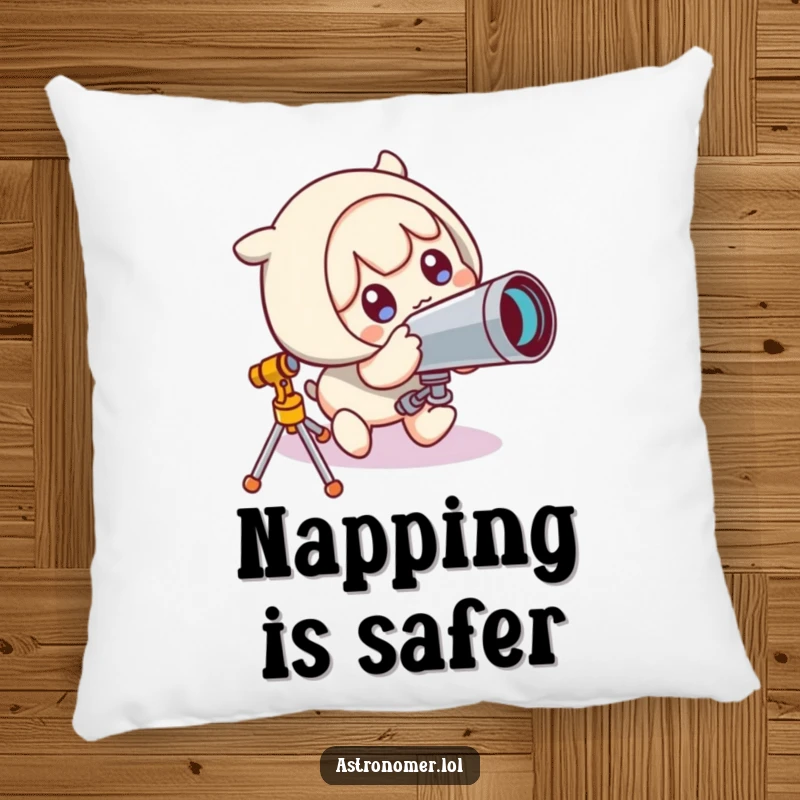 Funny Pillow: Cute character looks comically surprised from tripping over a telescope, bringing a humorous and cozy touch to any space.