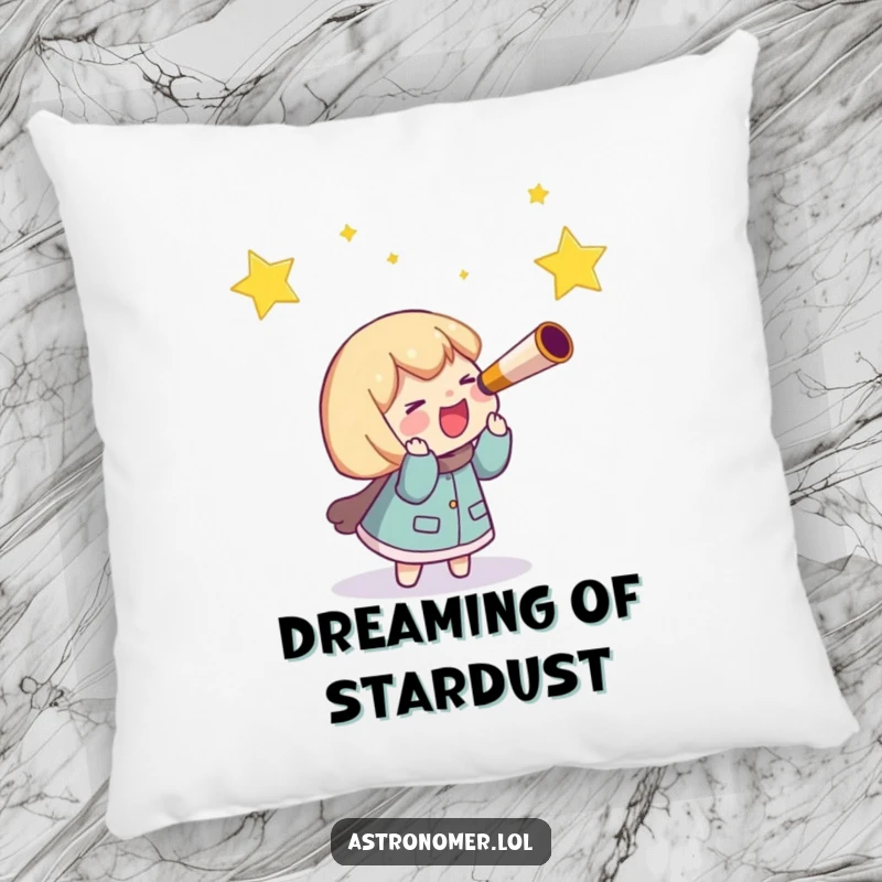 Funny Pillow: A character with a telescope giggling excitedly, chasing a streaking shooting star through the vastness of space.
