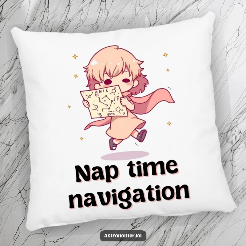 Funny pillow with a character falling over a constellation map, offering comfort after a cosmic tumble.