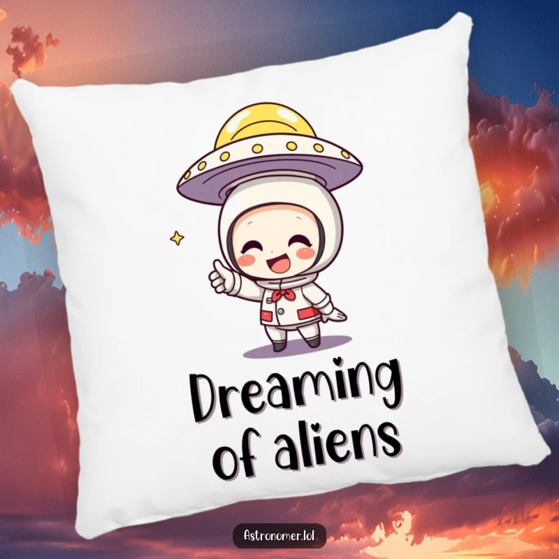 Funny Pillow featuring a character grinning widely while pointing at a flying saucer, celebrating alien sightings.