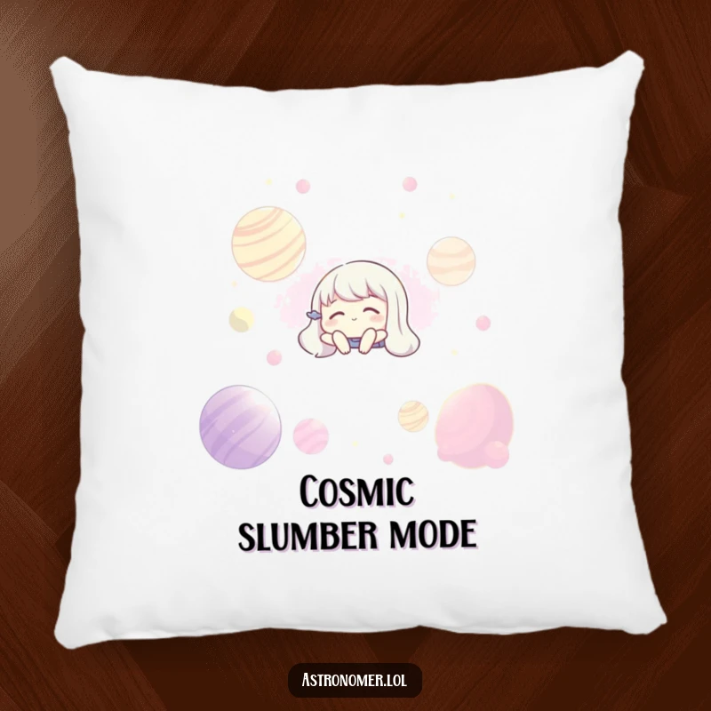 Funny pillow with a character peacefully floating with closed eyes among glowing planets, designed for ultimate cosmic comfort.