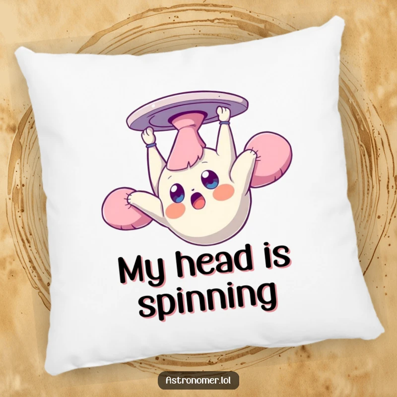 Funny pillow displaying a dazed creature floating upside down in zero gravity, adding comfort and a touch of cosmic absurdity.