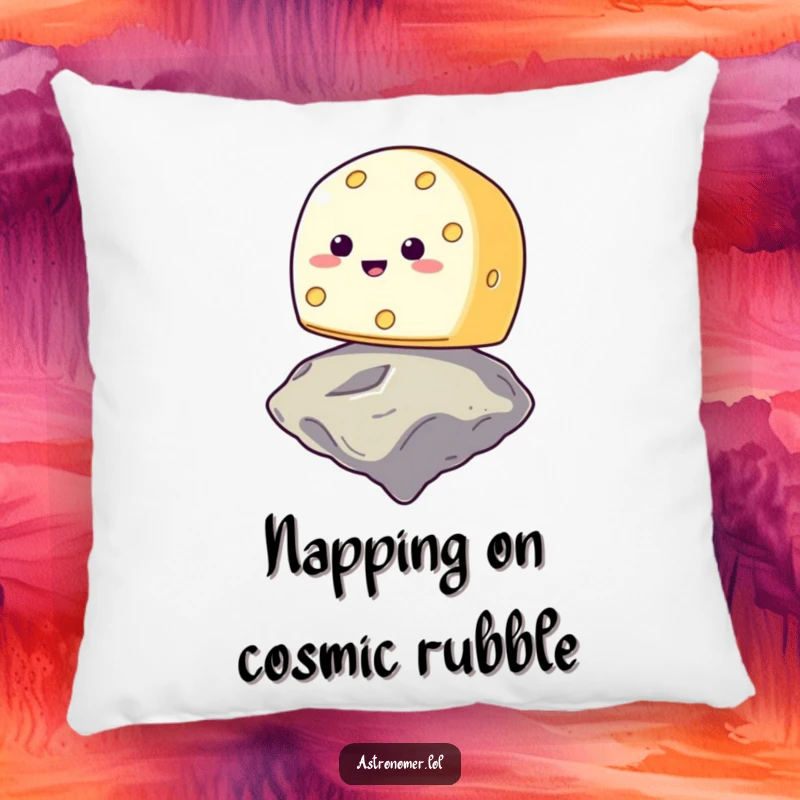 Funny smiling cheese wheel trying to balance on a floating asteroid, soft and amusing space-themed pillow, decorative gag gift.